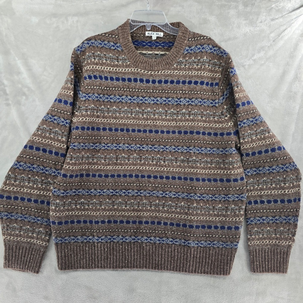 Alex Mill Sweater‎ Mens XXL Donegal Brown Fair Isle Merino Wool Alpaca Crewneck